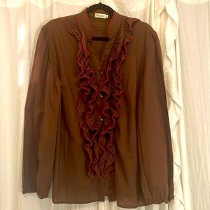 Tasha Paluzzi quasi Western ruffled blouse with turquoise studded buttons. XL